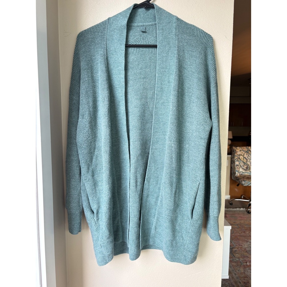 Lululemon Merino Wool Blend Ribbed Knit Open Front Cardigan Sweater Teal Green